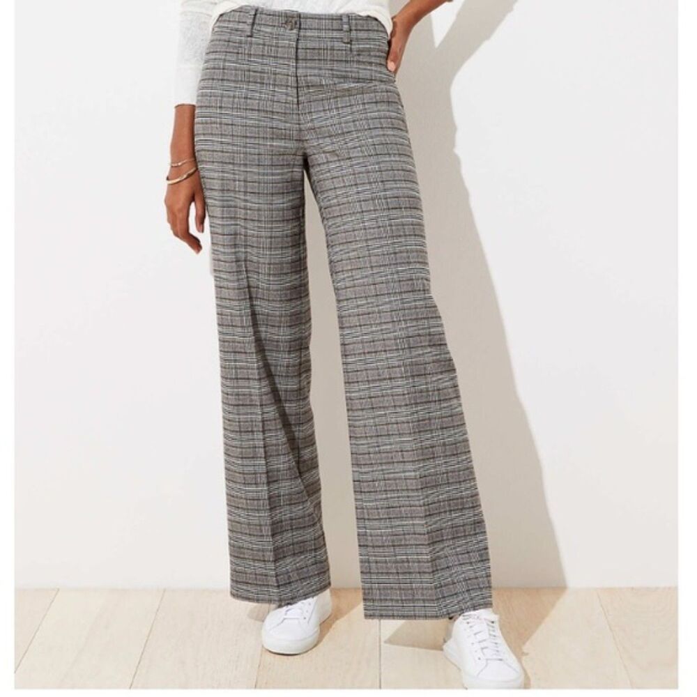 LOFT Brushed Plaid High-Waist Flat Front Wide-Leg Pants Trousers (NWT)